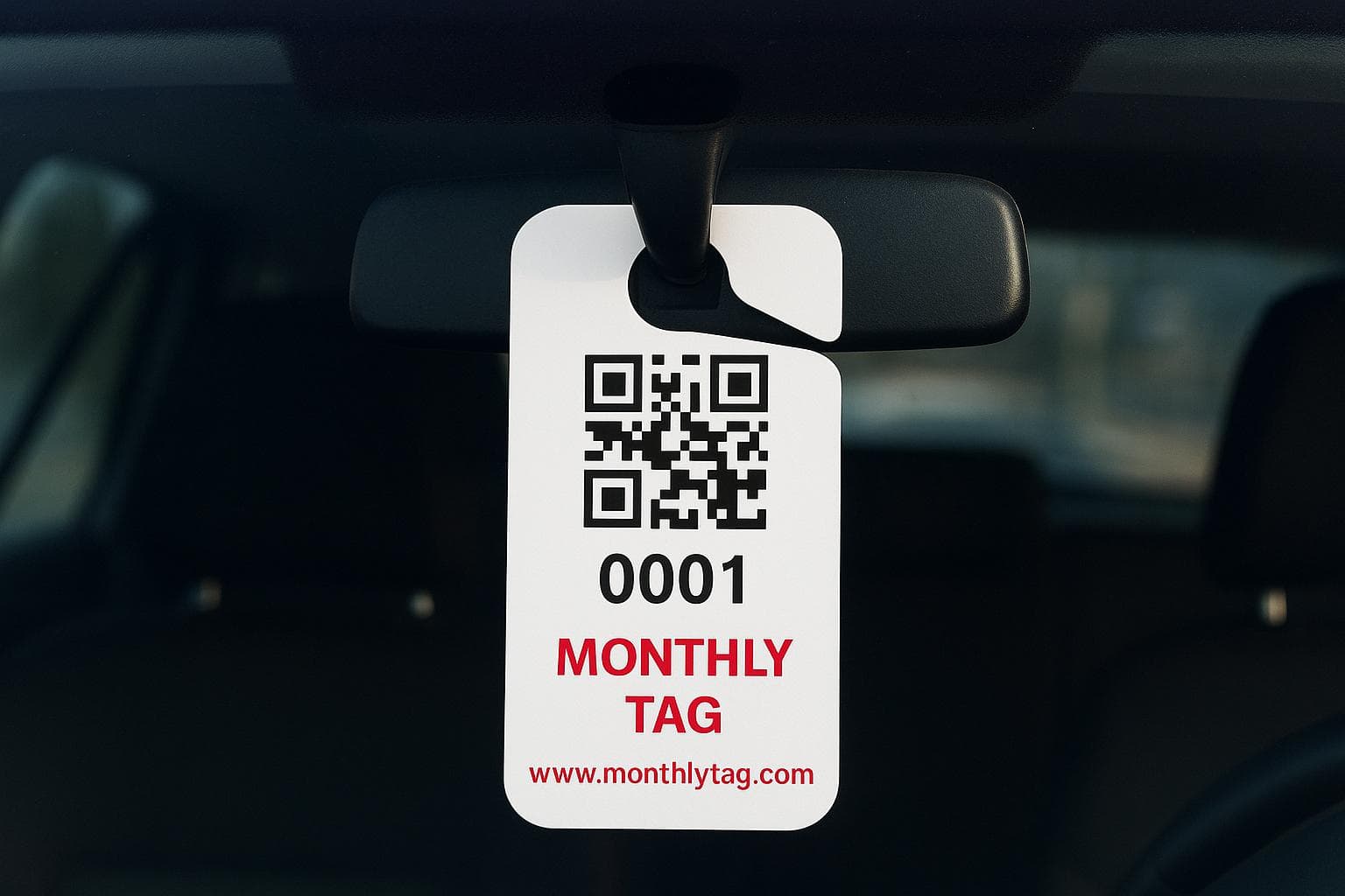 Monthly Tag hanging from car rearview mirror